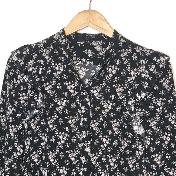 AllSaints Silk Floral Ruffle Long Sleeve Button Down Blouse Black Sz2 Chic Femme - Picture 3 of 16